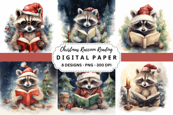 Christmas Raccoon Reading Backgrounds: Festive Design Assets