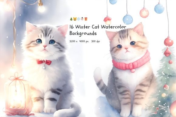 Enchanting Winter Cat Watercolor Backgrounds for Creative Projects