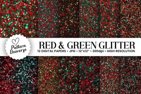 Red & Green Glitter Backgrounds: 12 Seamless Patterns